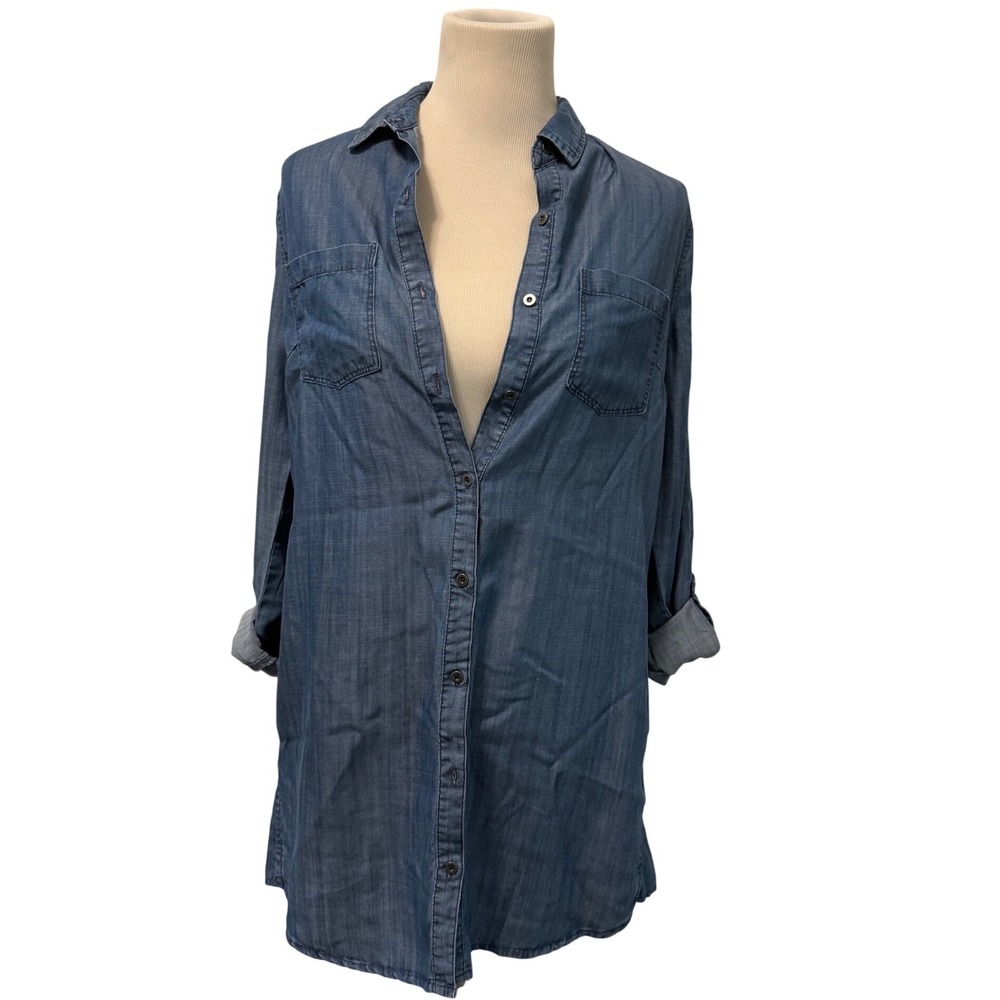 Staccato Blue Tencel Chambray Button Down Tunic Shirt Roll Tab Sleeve Small